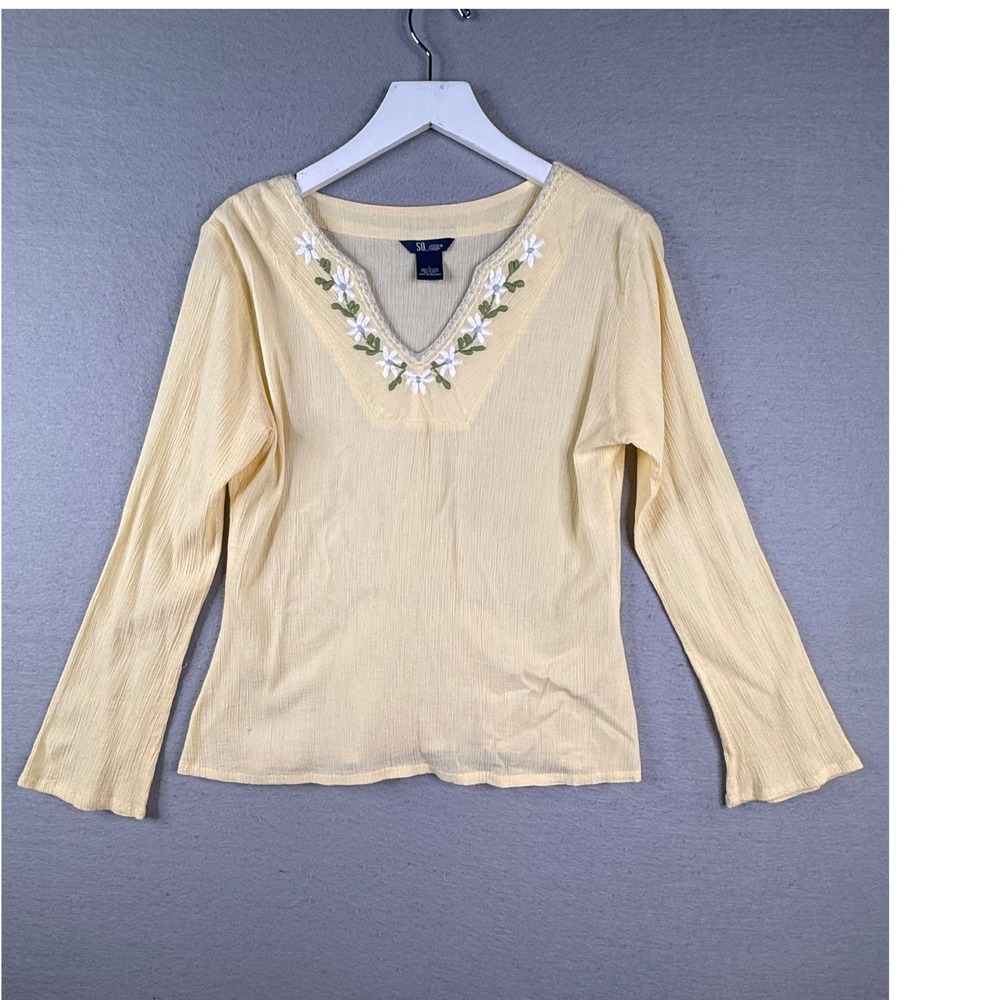 SO Gauze Embroidered Top Womens Large Yellow‎ Y2K Fairy Cottagecore Cotton READ
